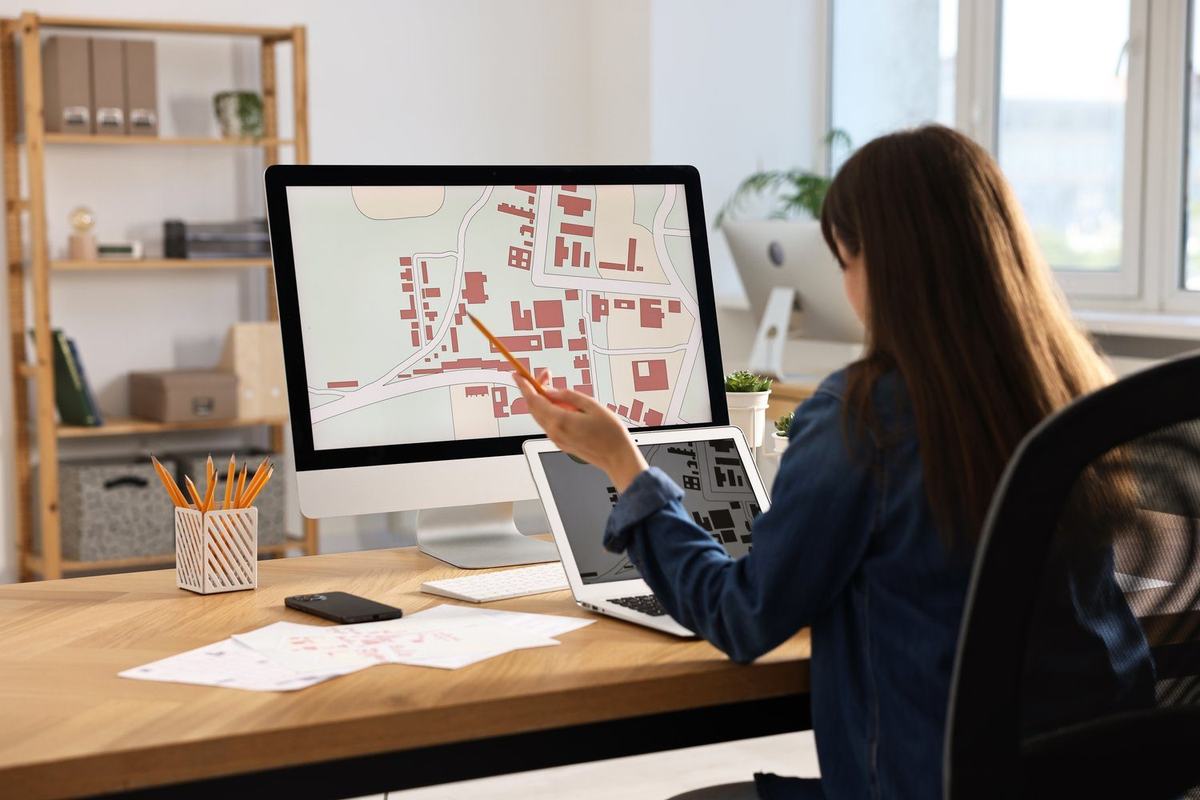 Mapa z trasami floty na ekranie w małym biurze